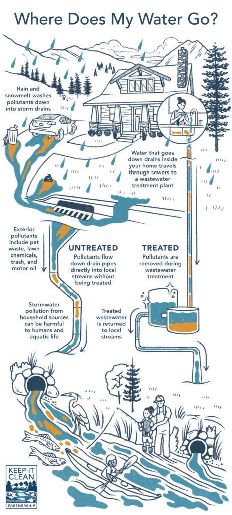 Infographic entitled "Where Does My Water Go?" describes the stormwater and wastewater systems. Stormwater enters storm drains along roadways and travels through underground pipes, draining directly into local waterways. Wastewater used in our homes goes through separate pipes to the wastewater treatment plant, where it is cleaned before entering back into local waterways.