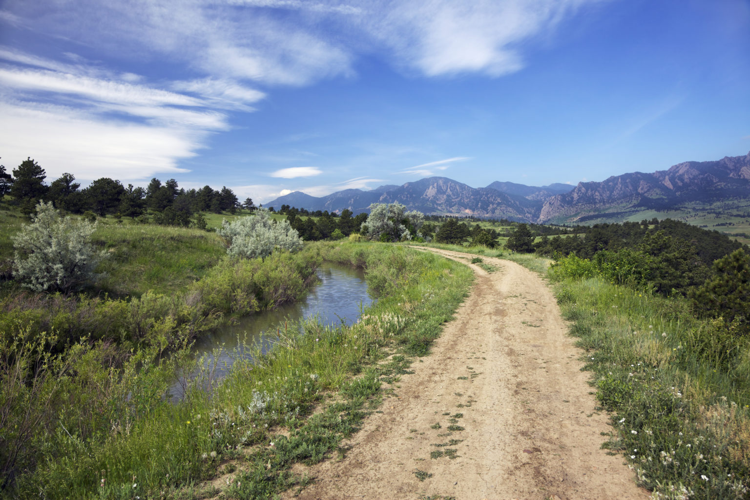 A dirt path along a creek.