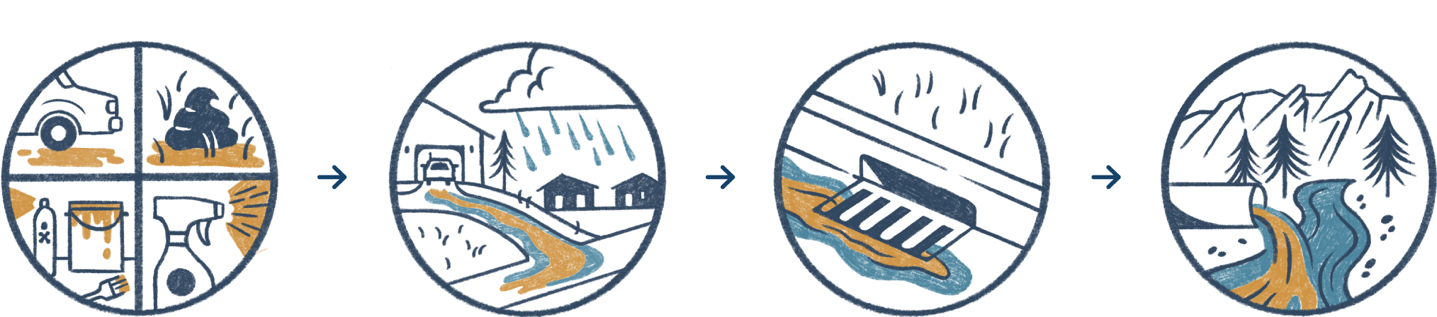 Steps stormwater takes from our homes to local waterways. Pollution from cars, pet waste, chemicals, and pesticides around our homes are picked up by rain. This rain enters nearby storm drains, which drain directly into local waterways.