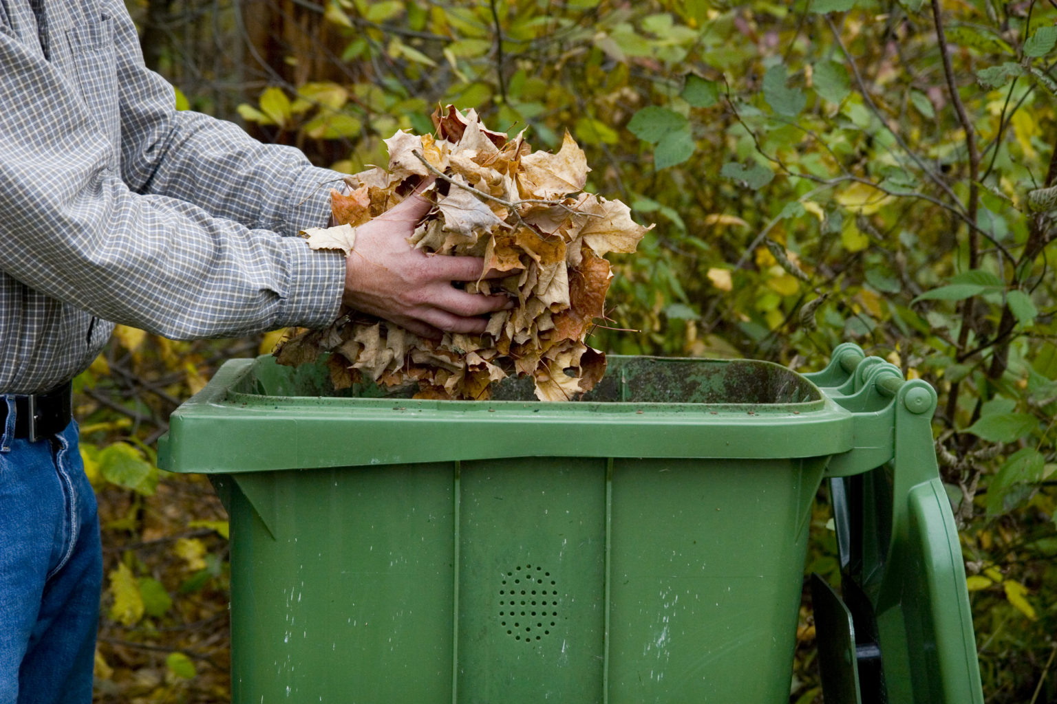 Man tossing leaves into a green compost receptacle outside