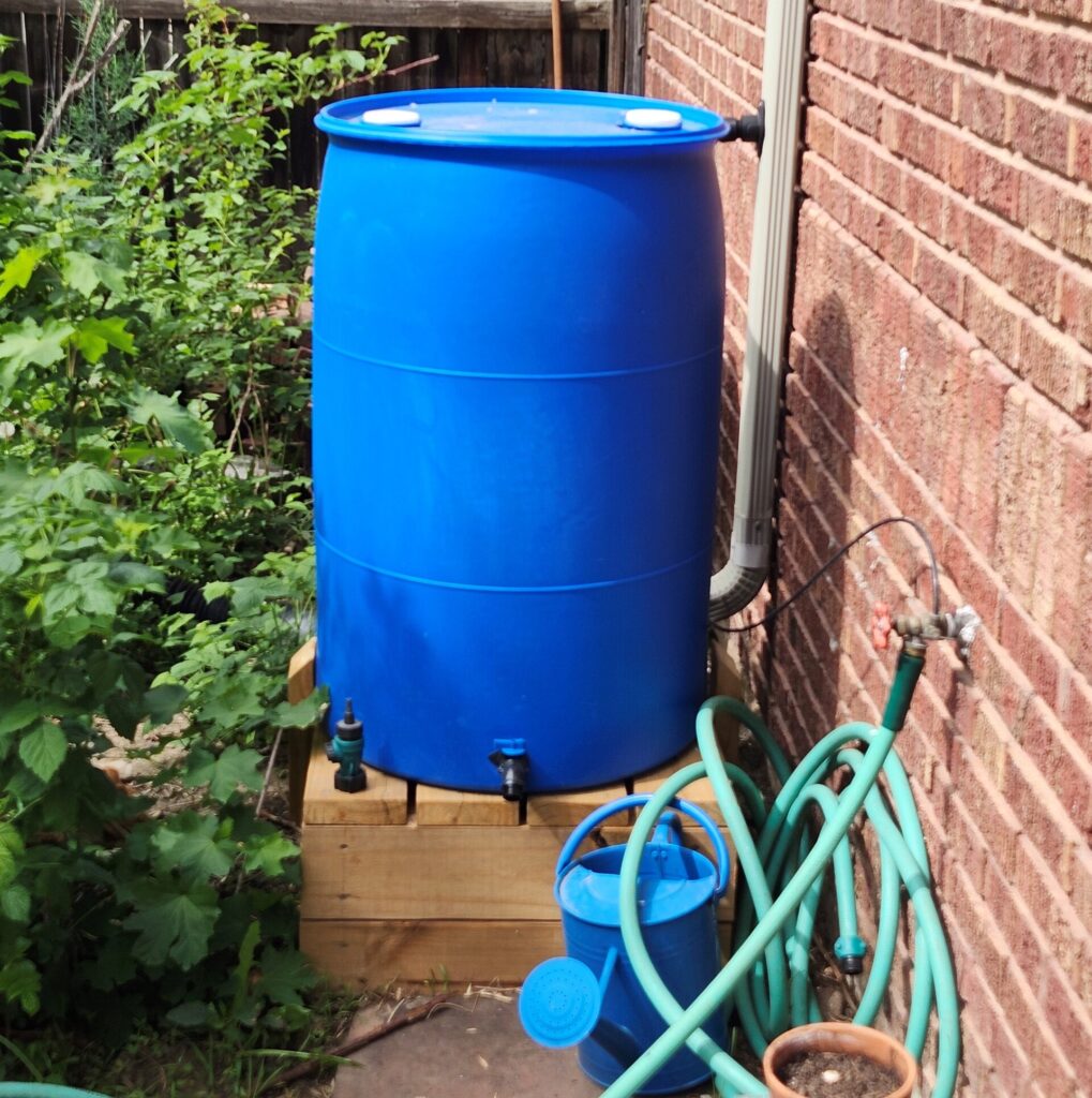 A blue rain barrel sits on a wooden base, connected to the downspout of the home via a black hose.