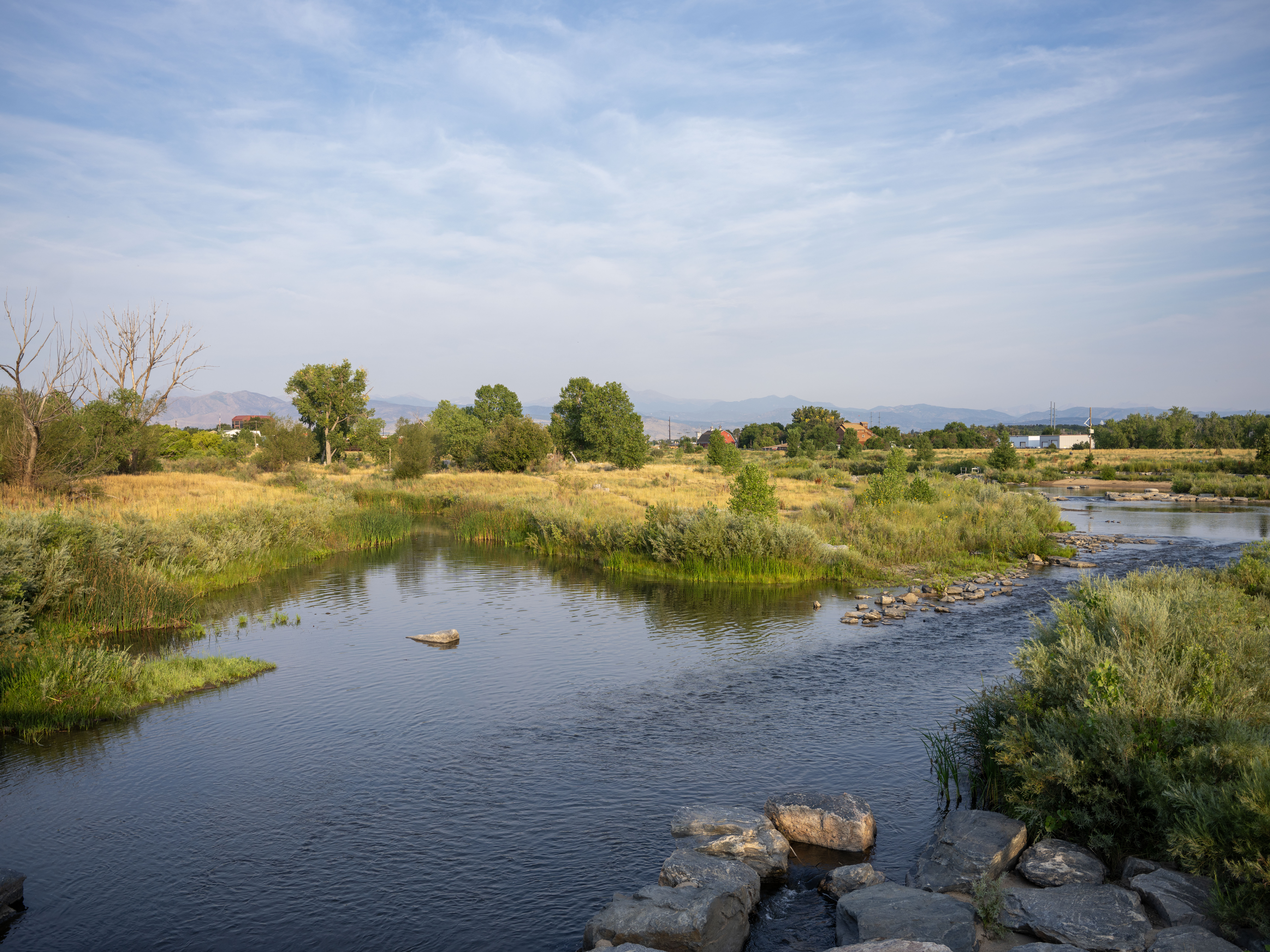 A slow moving river surrounded by colorful green and yellow vegetation.