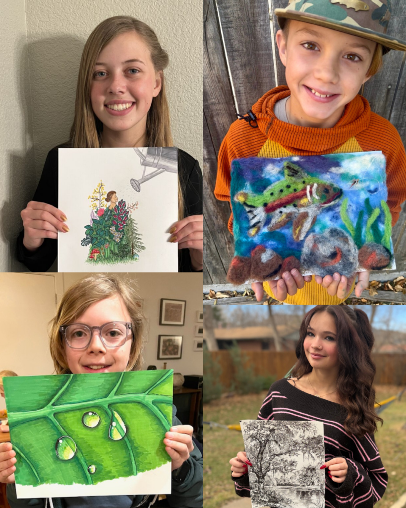 Collage de imágenes de jóvenes estudiantes que muestran sus obras de arte inspiradas en el agua.